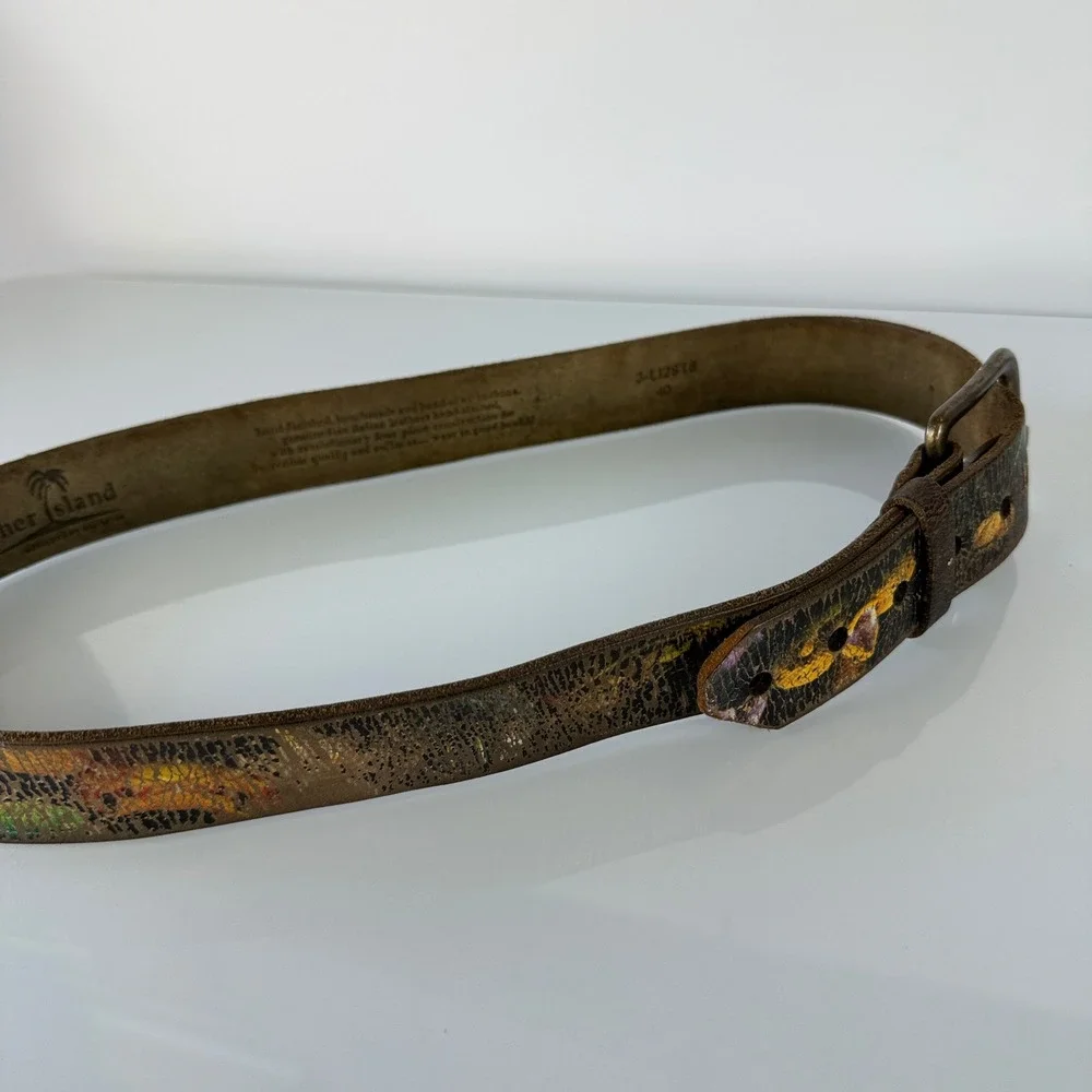 Leather Island Belt Mens 40 Snakes Brown Italian Leather Hand Stained Distressed
